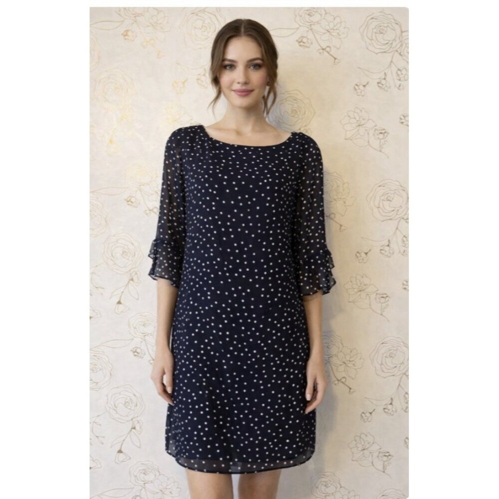 Karl Lagerfeld Dress Size 8  Sheath Navy Blue White Polka Dot Ruffle 051 NWT